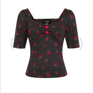 Collectif Dolores Top Cherry Polka Dot Top sz XL UK16